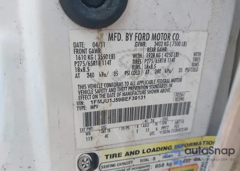 2011 Ford Expedition Xlt z USA, uszkodzony, nr VIN 1FMJU1J59BEF39131